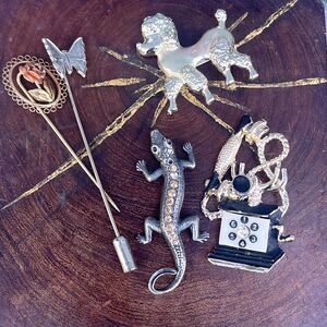 Vintage Quirky Brooch Lot Poodle, Lizard, Telephone costume jewelry